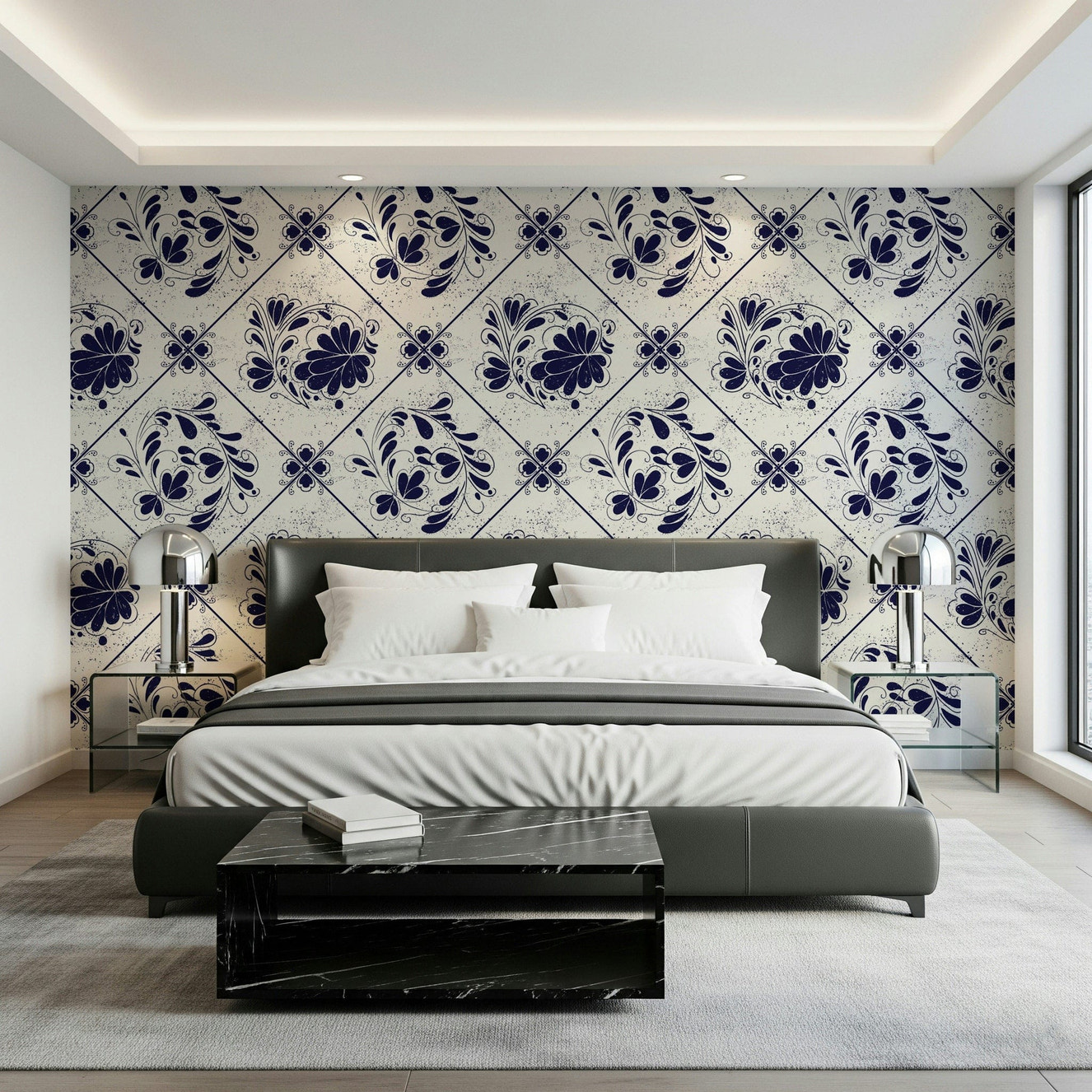 Vintage indigo floral tiles wallpaper in a traditional living room setting.