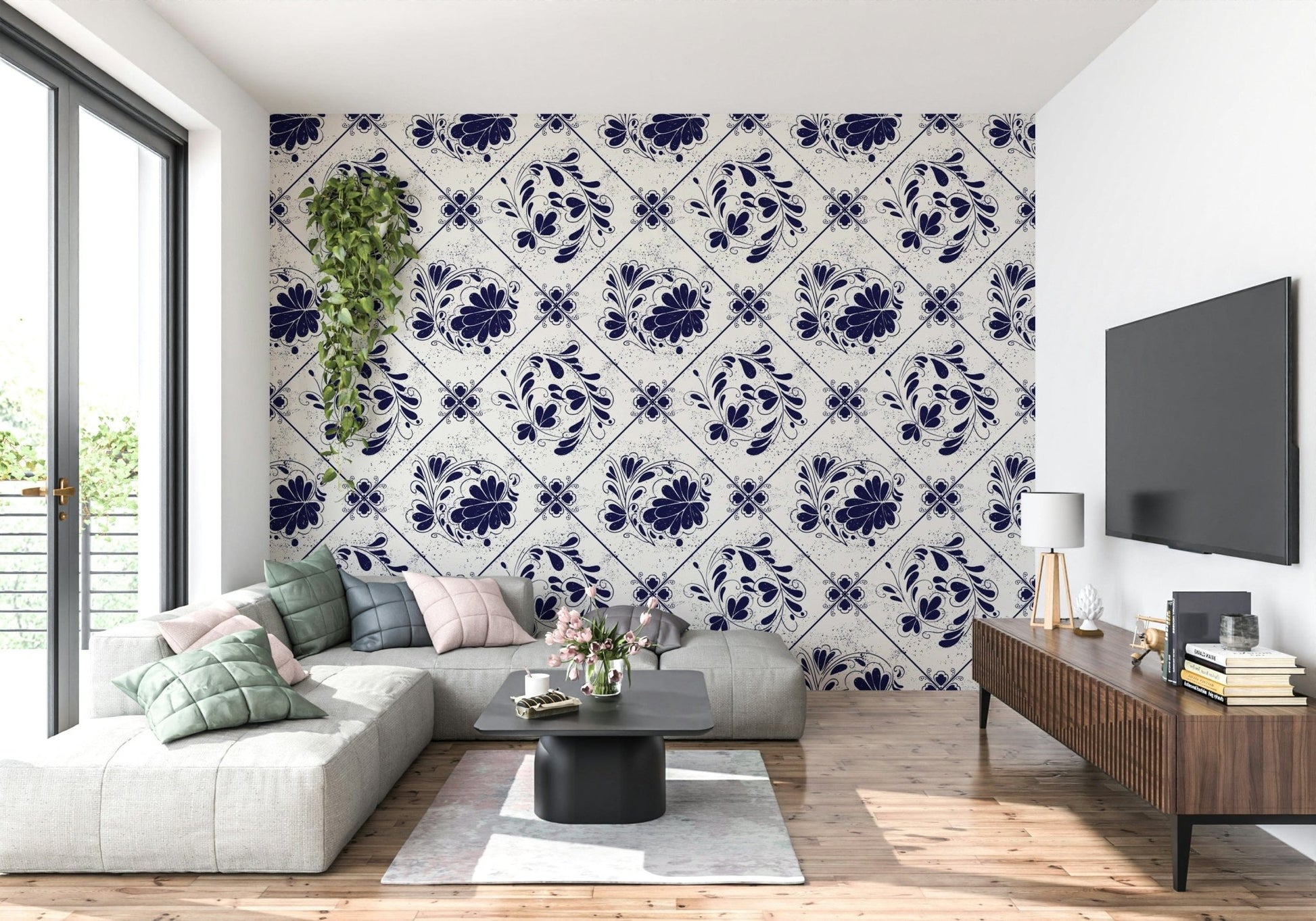 Decorative tile pattern wall decor for a minimalist study.