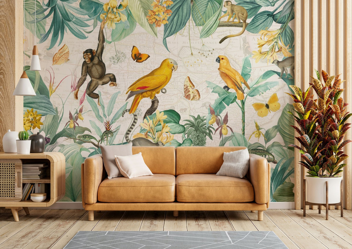 Jungle animals and tropical plants wall mural.

