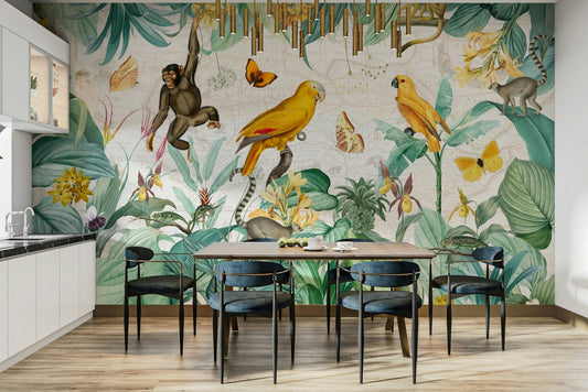 Vintage jungle wall mural with lush greenery.

