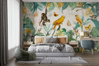 Vintage botanical jungle mural with lush leaves.

