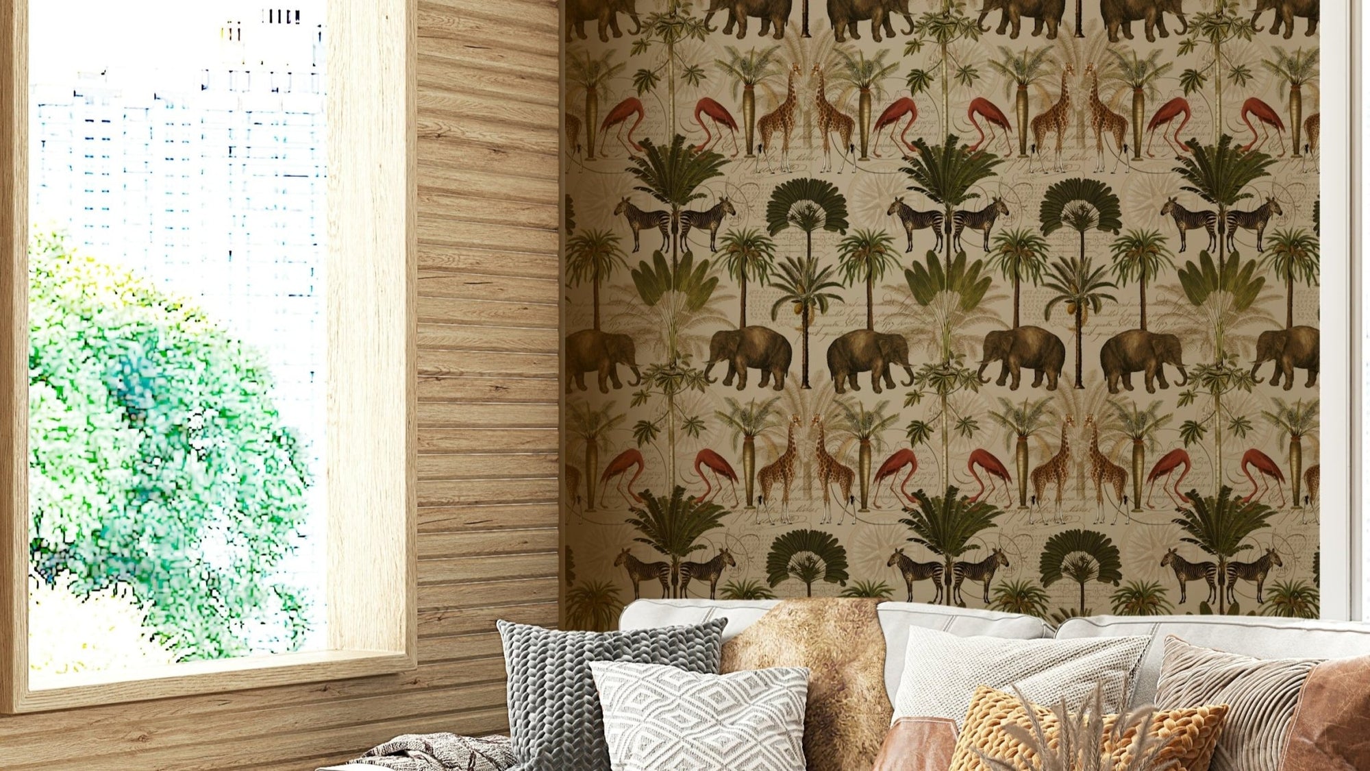 Lush green jungle wallpaper featuring vintage botanical elements., GD1372