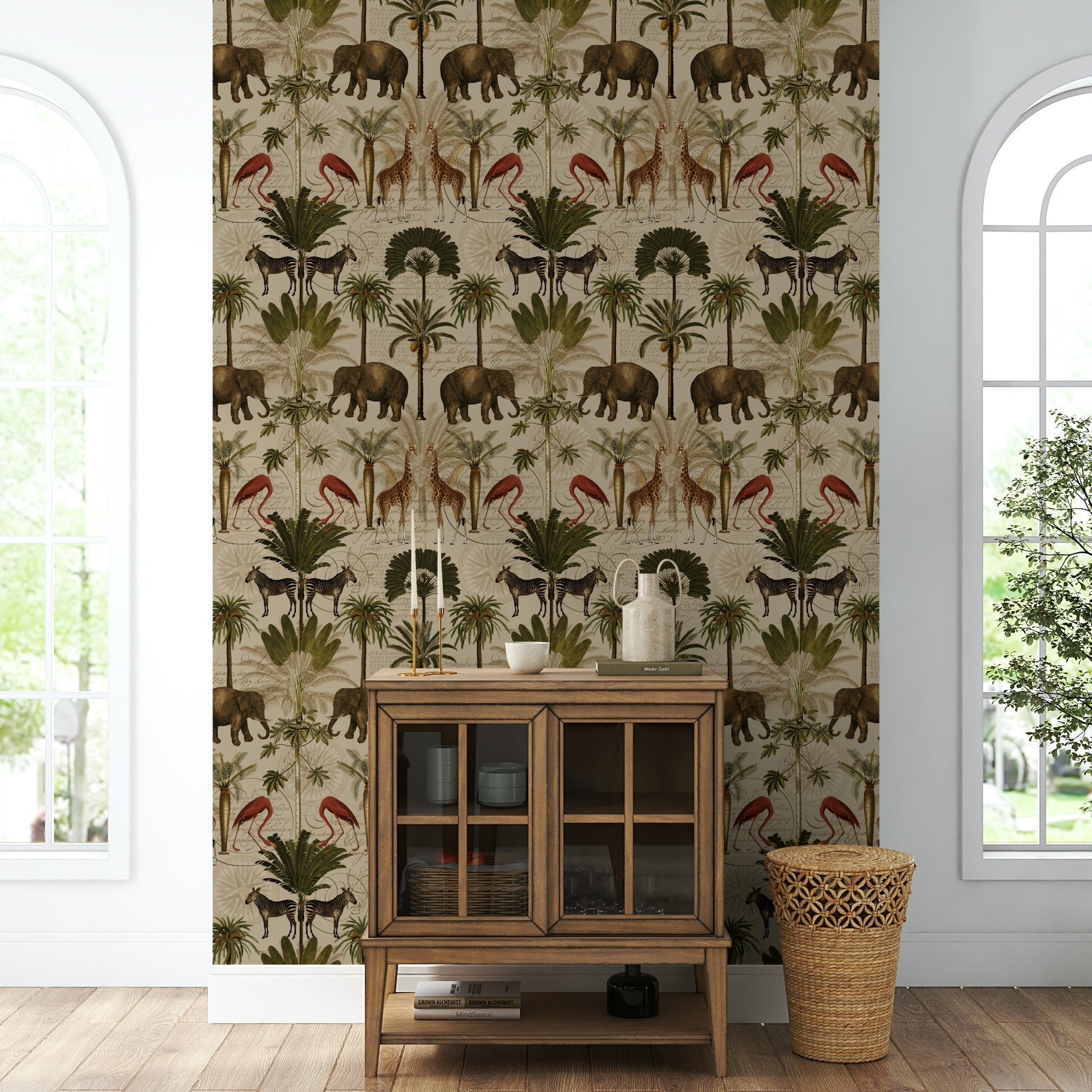 Antique jungle wallpaper design with palm leaves and ferns.


