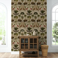 Antique jungle wallpaper design with palm leaves and ferns.

