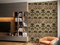 Exotic vintage jungle wallpaper design with vibrant leaves.

