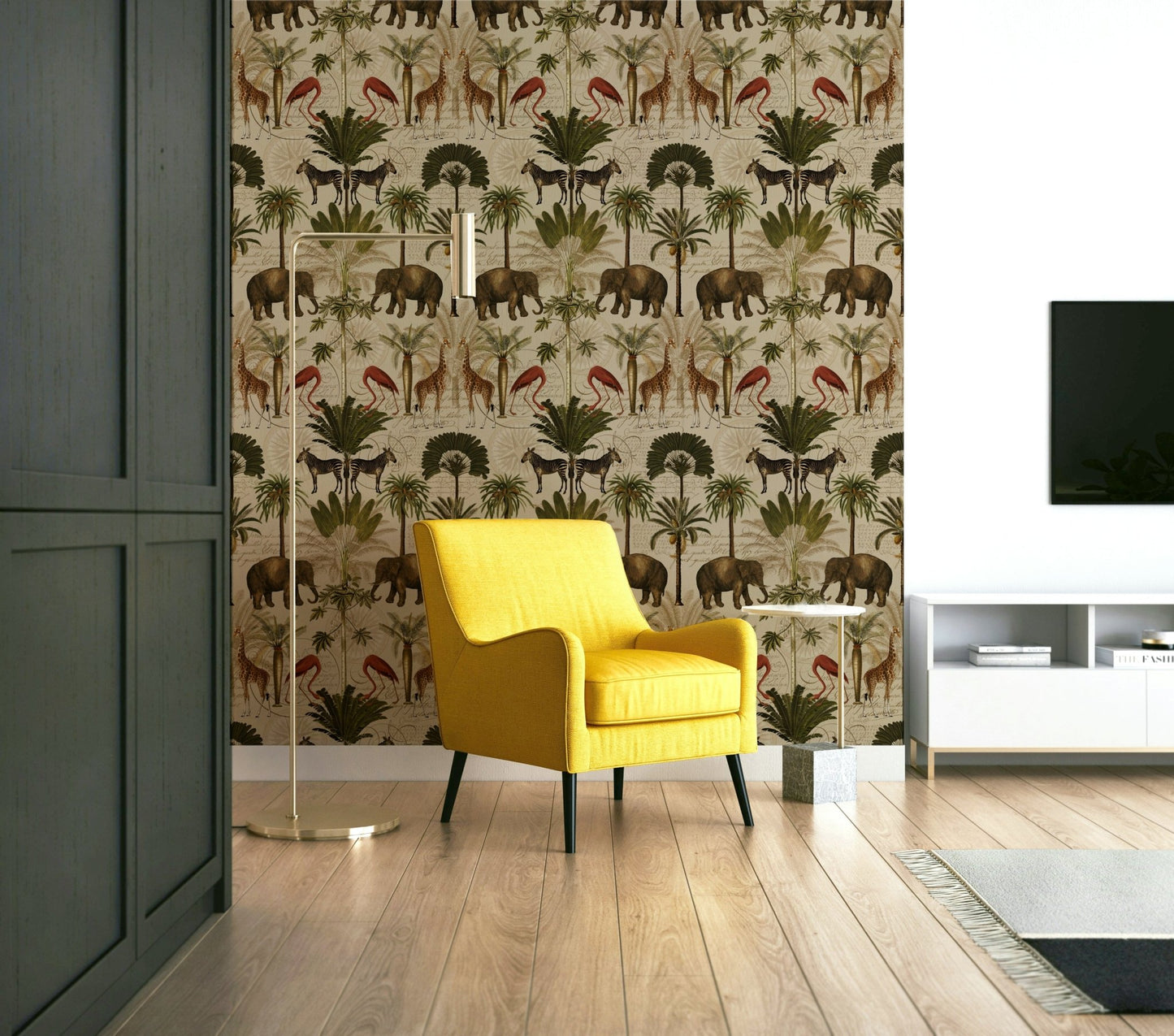 Detailed vintage jungle wallpaper bringing nature into your space.

