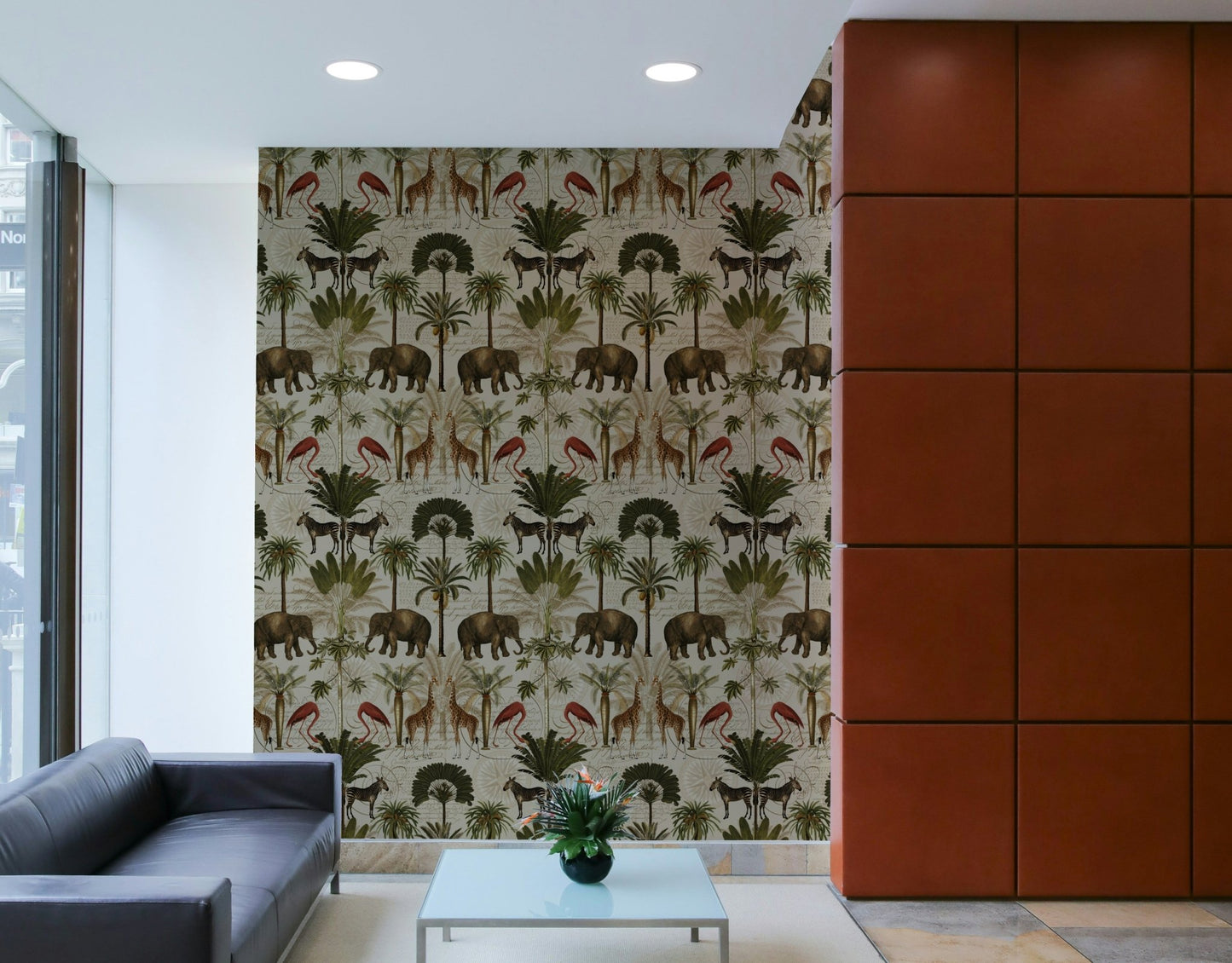 Retro botanical wallpaper featuring a lush jungle paradise.

