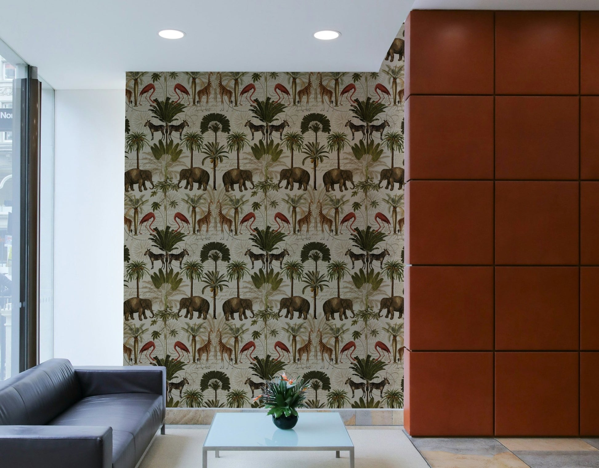 Retro botanical wallpaper featuring a lush jungle paradise.

