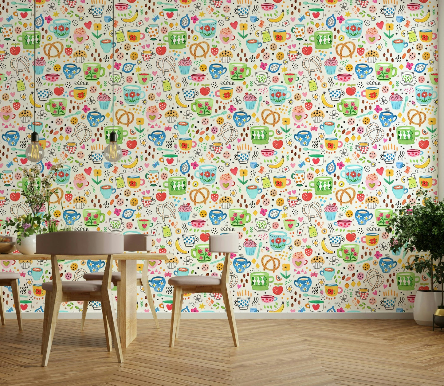 Retro kitchen wall design with food and utensils, GD1537