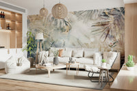 A contemplative hazy floral wallpaper mural for a feature wall.