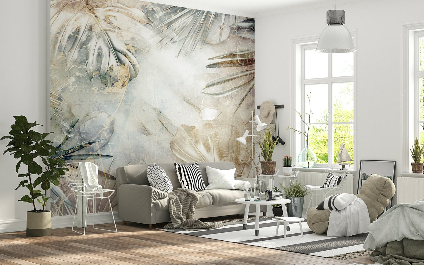 A peaceful botanical design mural on decorative wallpaper.