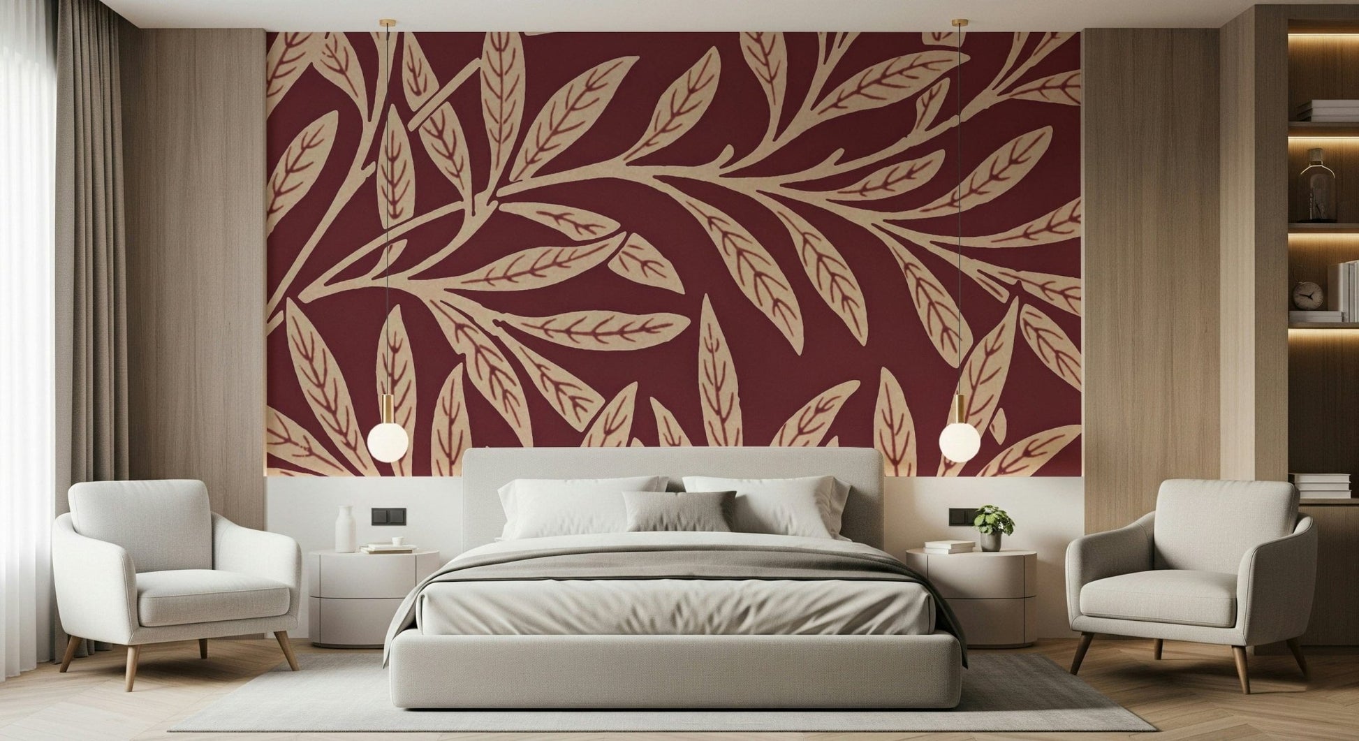 A calming foliage design wallpaper mural that defines a space., GD5291
