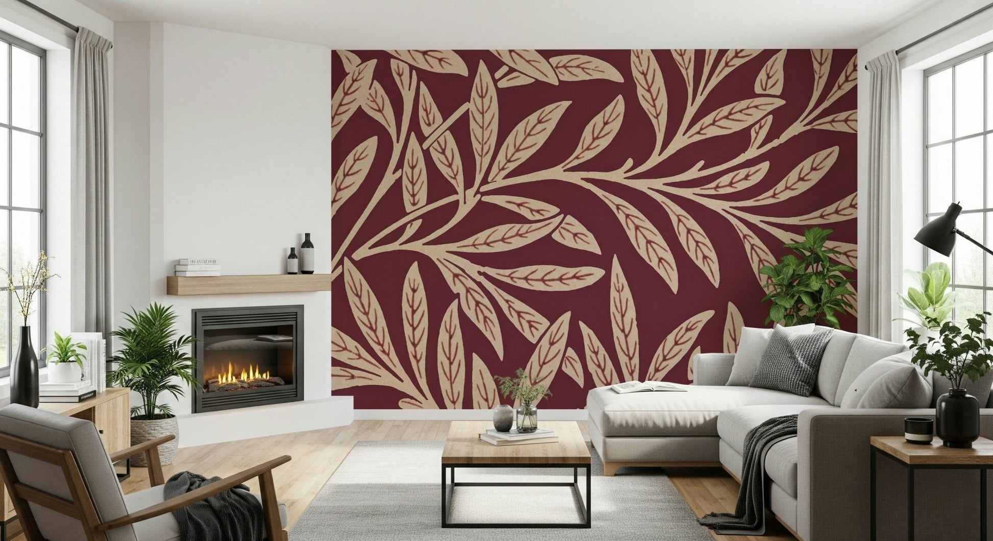 A contemplative botanical pattern wallpaper mural for a feature wall., GD5291
