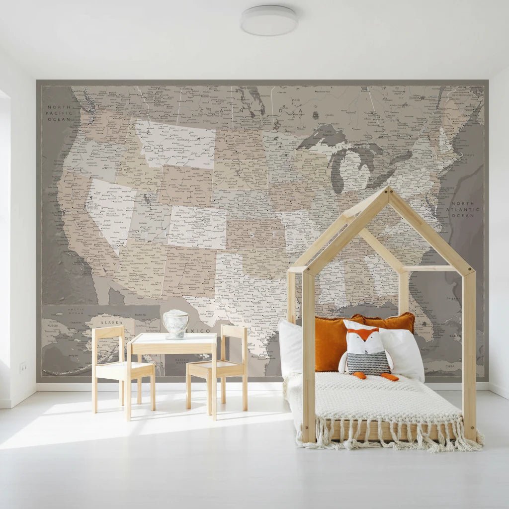 Sepia USA map wall mural with labeled cities and states detail