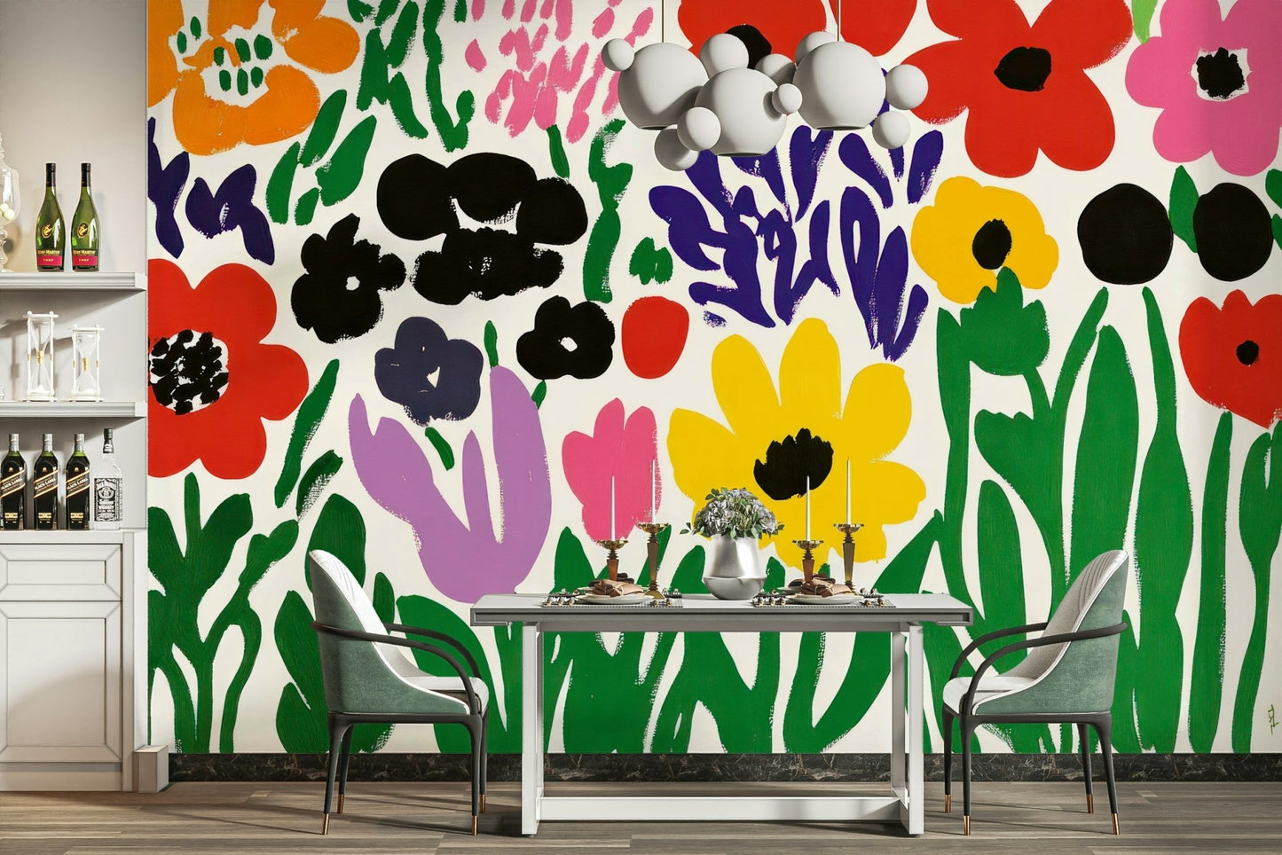 Children’s playroom with whimsical Matisse flower mural

