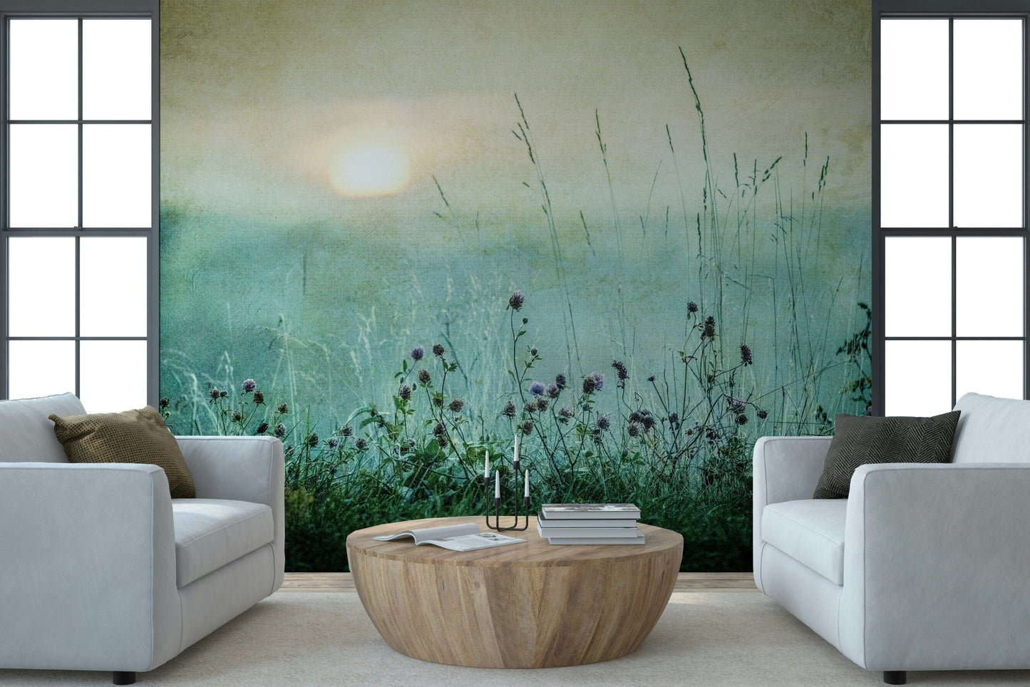 A calming serene view wallpaper mural that defines a space.