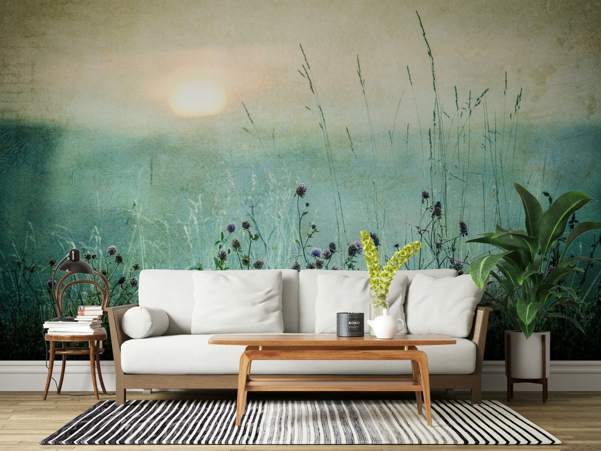 A beautiful wide-angle wall mural of a misty meadow.