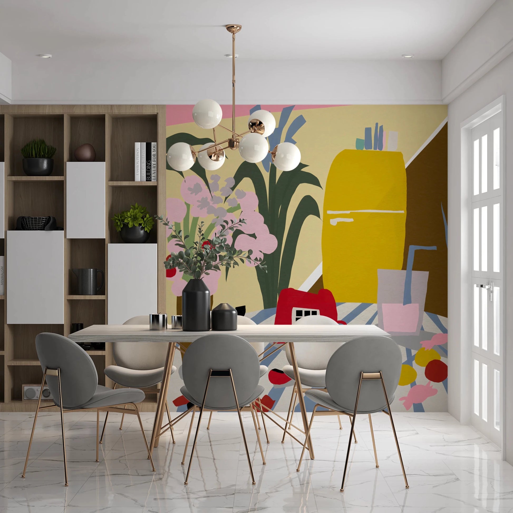 Stylized 1950s kitchen scene with mustard and pink.