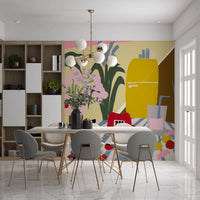 Stylized 1950s kitchen scene with mustard and pink.