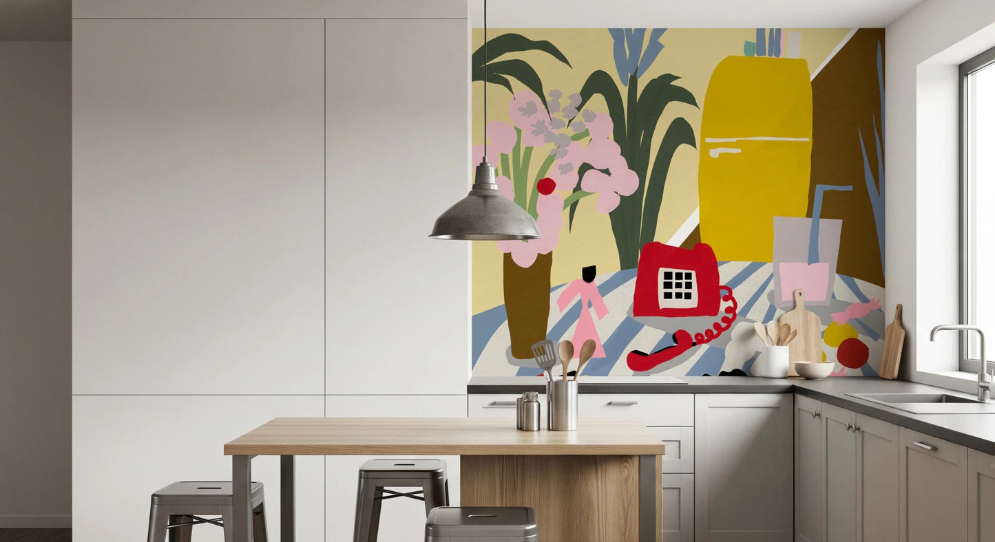 Vintage yellow fridge and rotary phone wall mural.