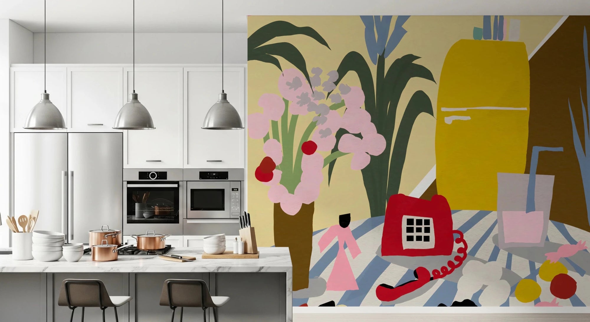 Retro mid-century kitchen art mural with a red phone., GD8420