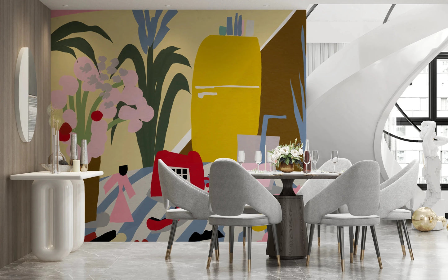 Pastel pink and yellow vintage kitchen graphic art.