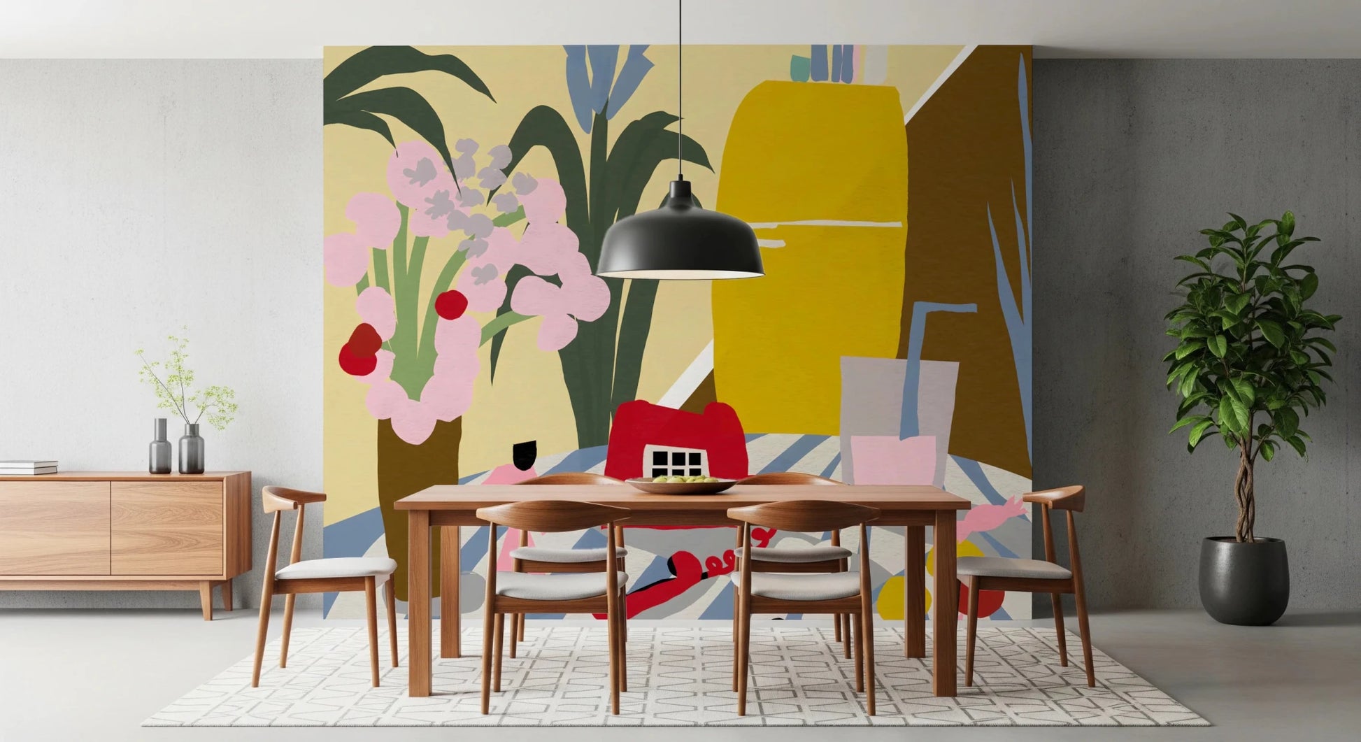 1950s style kitchen still life mural with pink flowers.