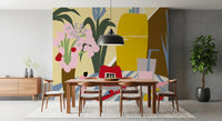 1950s style kitchen still life mural with pink flowers.