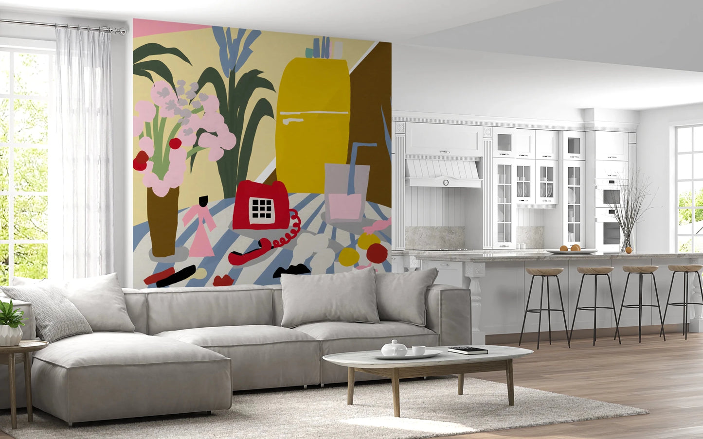 Red rotary telephone and pink bouquet wall mural.