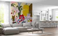 Red rotary telephone and pink bouquet wall mural.