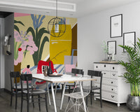 Kitsch kitchen art mural with striped tablecloth.