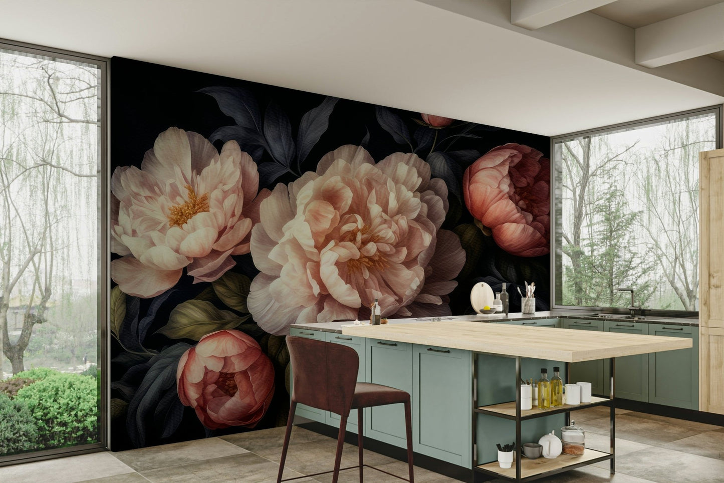 Wall mural featuring classic peony garden design

