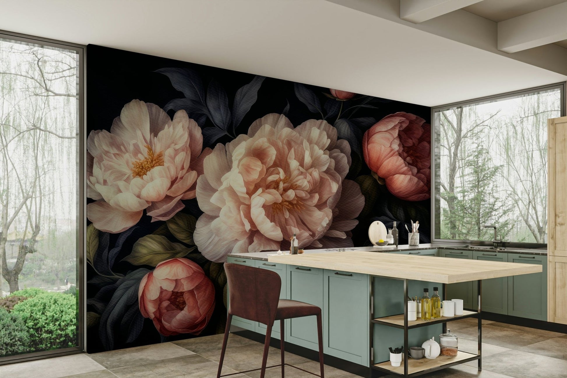 Wall mural featuring classic peony garden design

