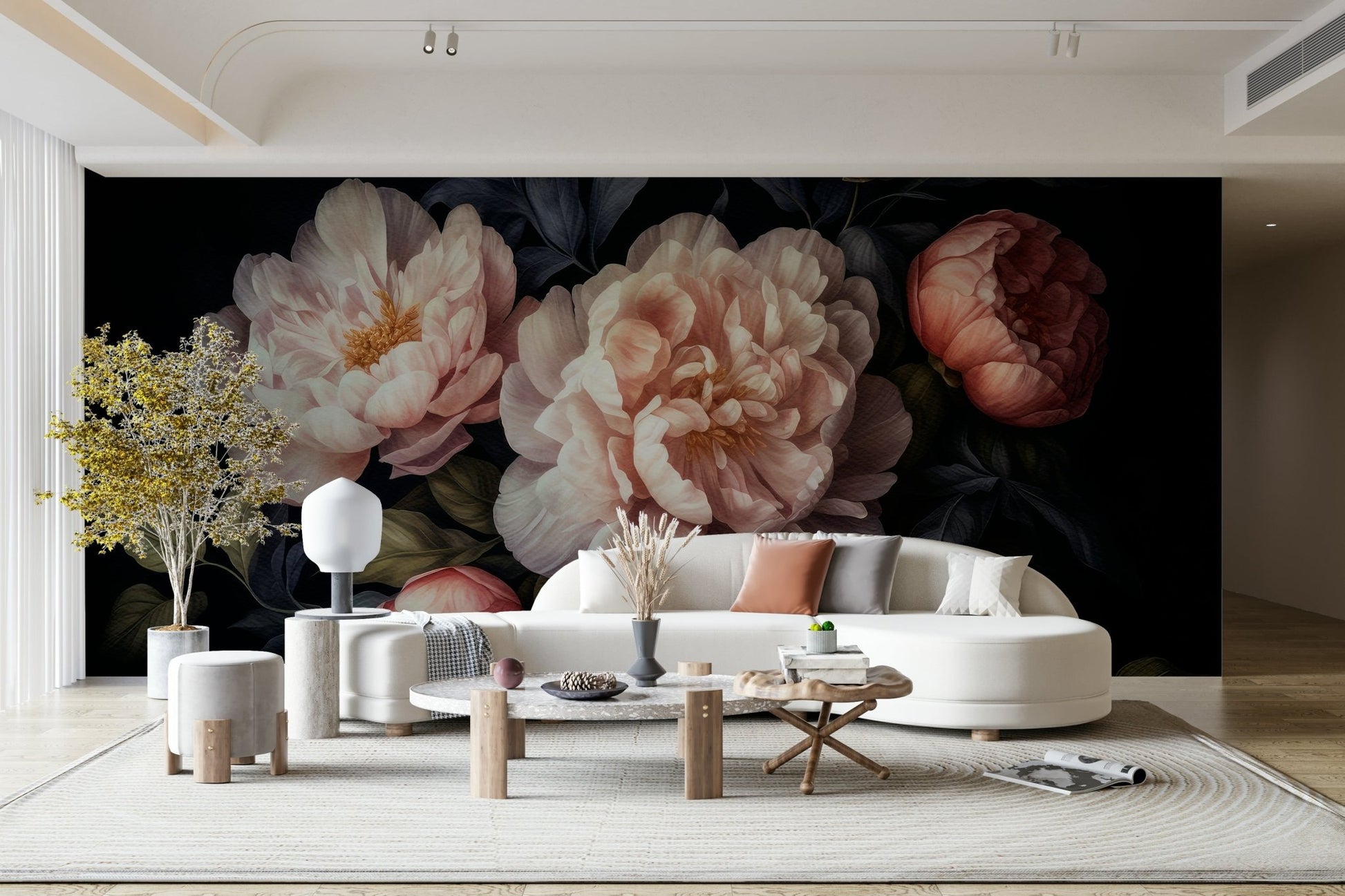 Living room accent with dark floral mural


