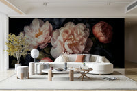 Living room accent with dark floral mural

