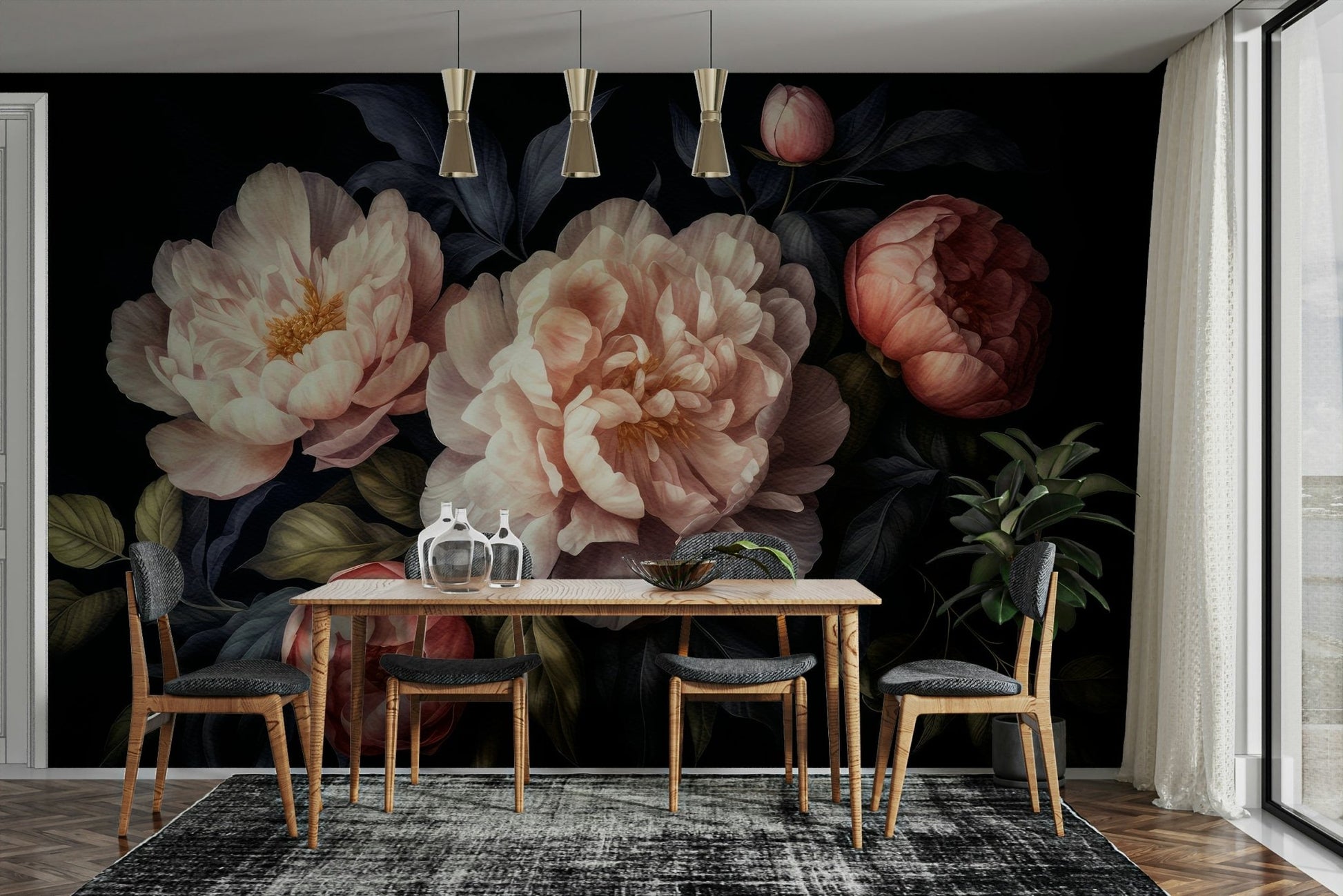 Deep peonies and foliage wallpaper for walls

