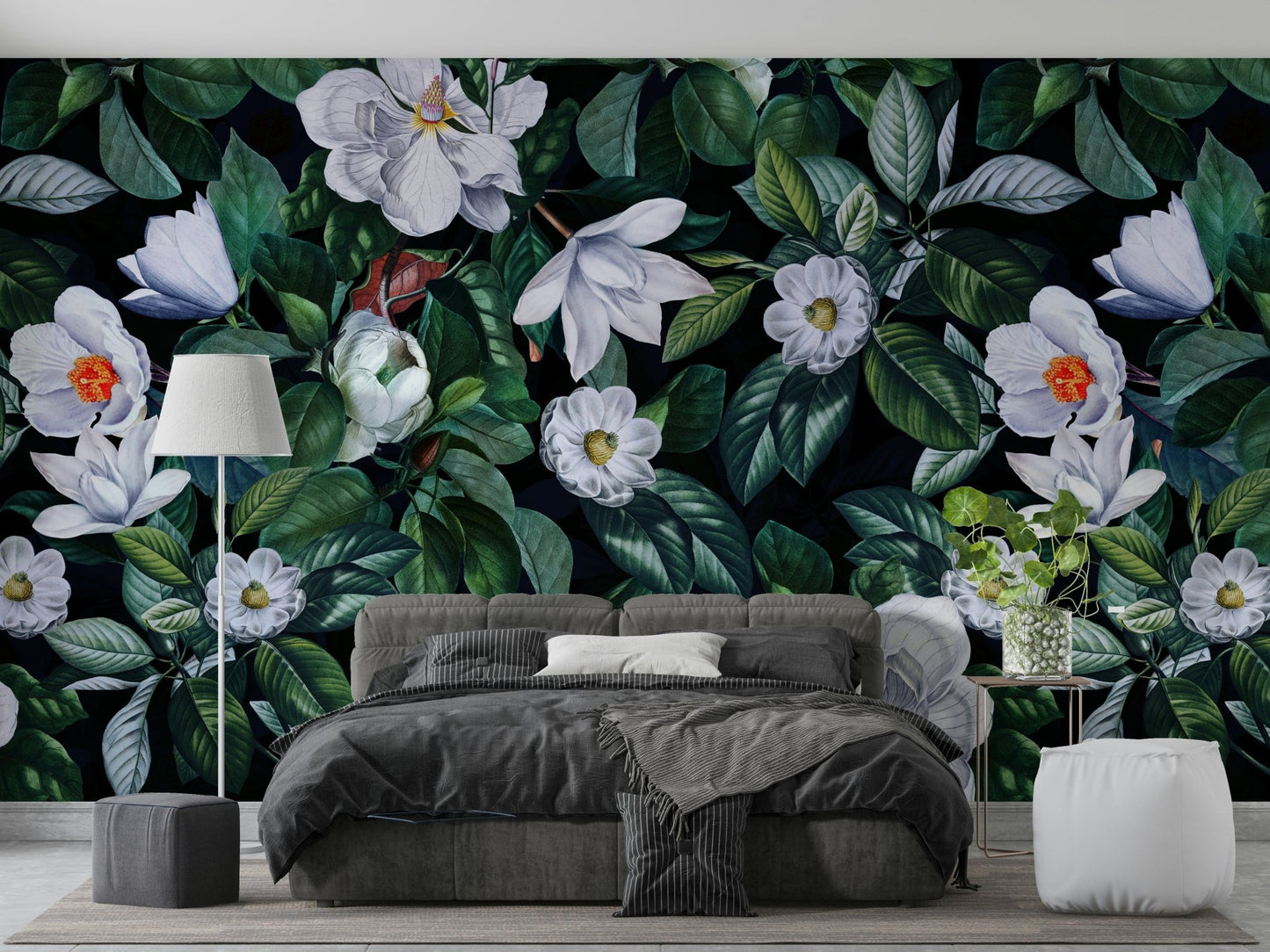 A peaceful wall mural with a vintage floral design.

