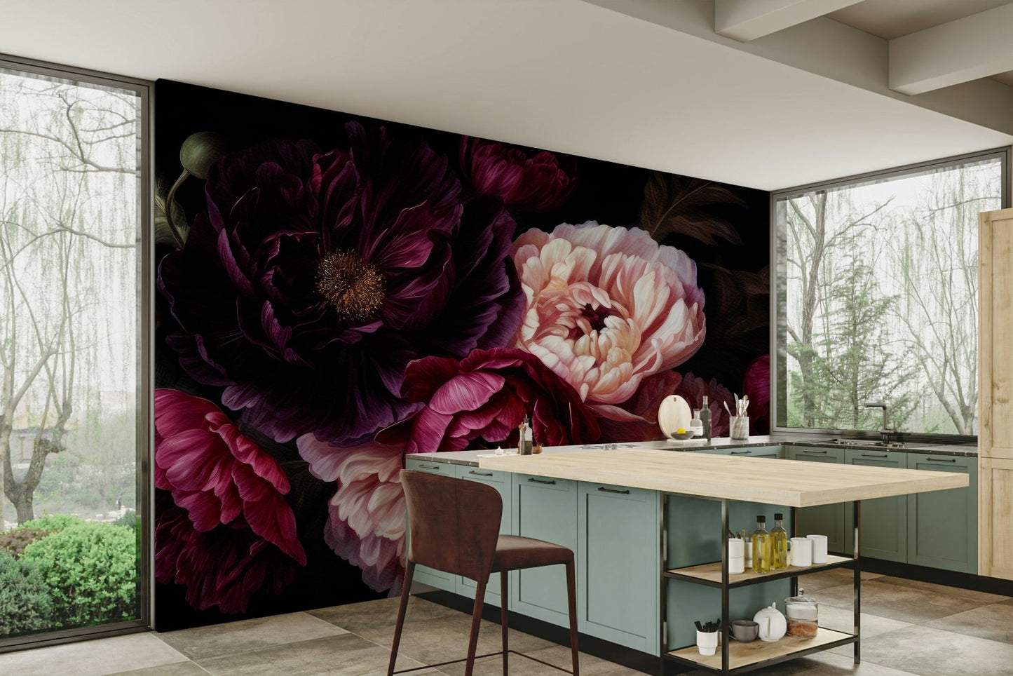 Vintage Midnight Peonies Flower Garden Wall Mural