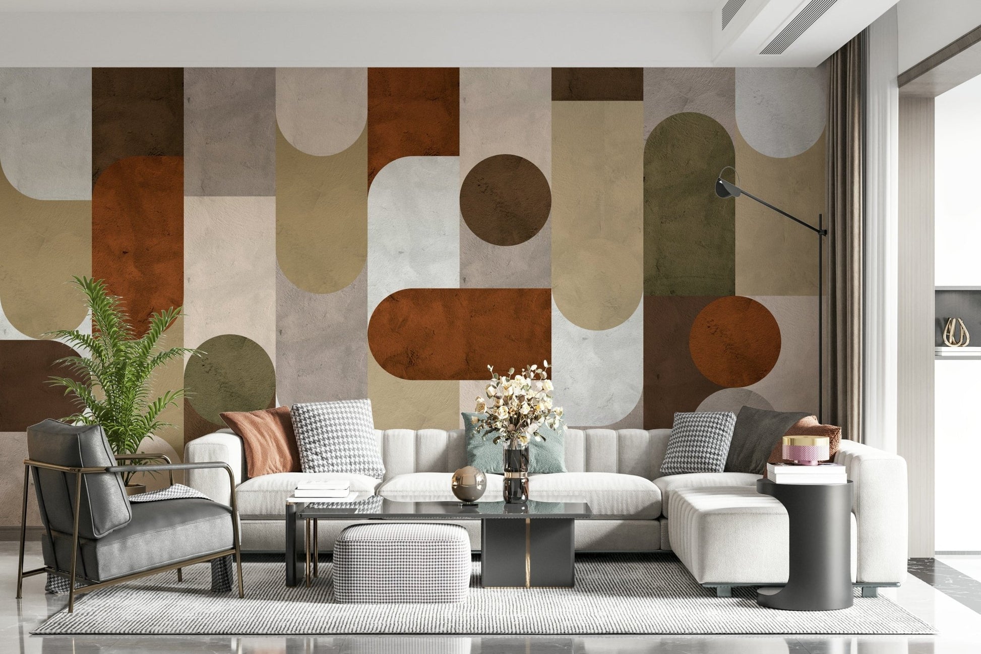 Mid-century modern decor accenting the Vintage Mosaic Vibes wallpaper.