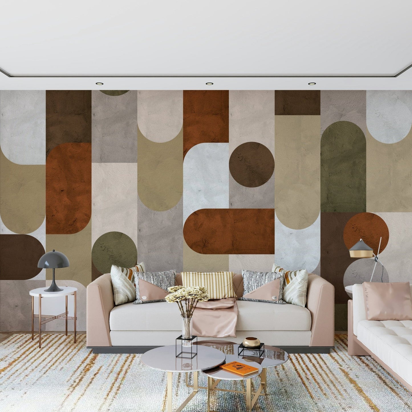 Abstract shapes of the Vintage Mosaic Vibes Wall Mural on a feature wall.