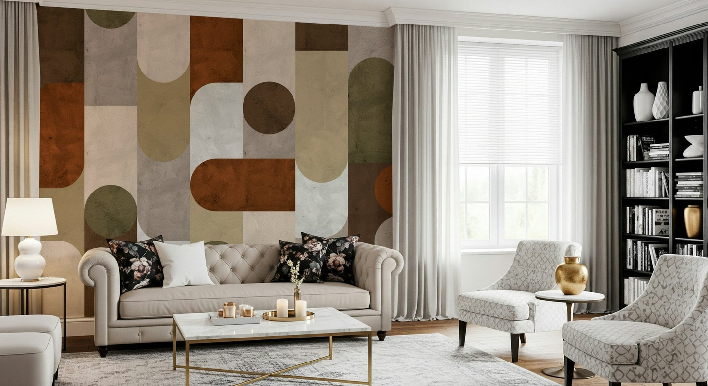 Vintage Mosaic Vibes Wall Mural in a bright retro living room.