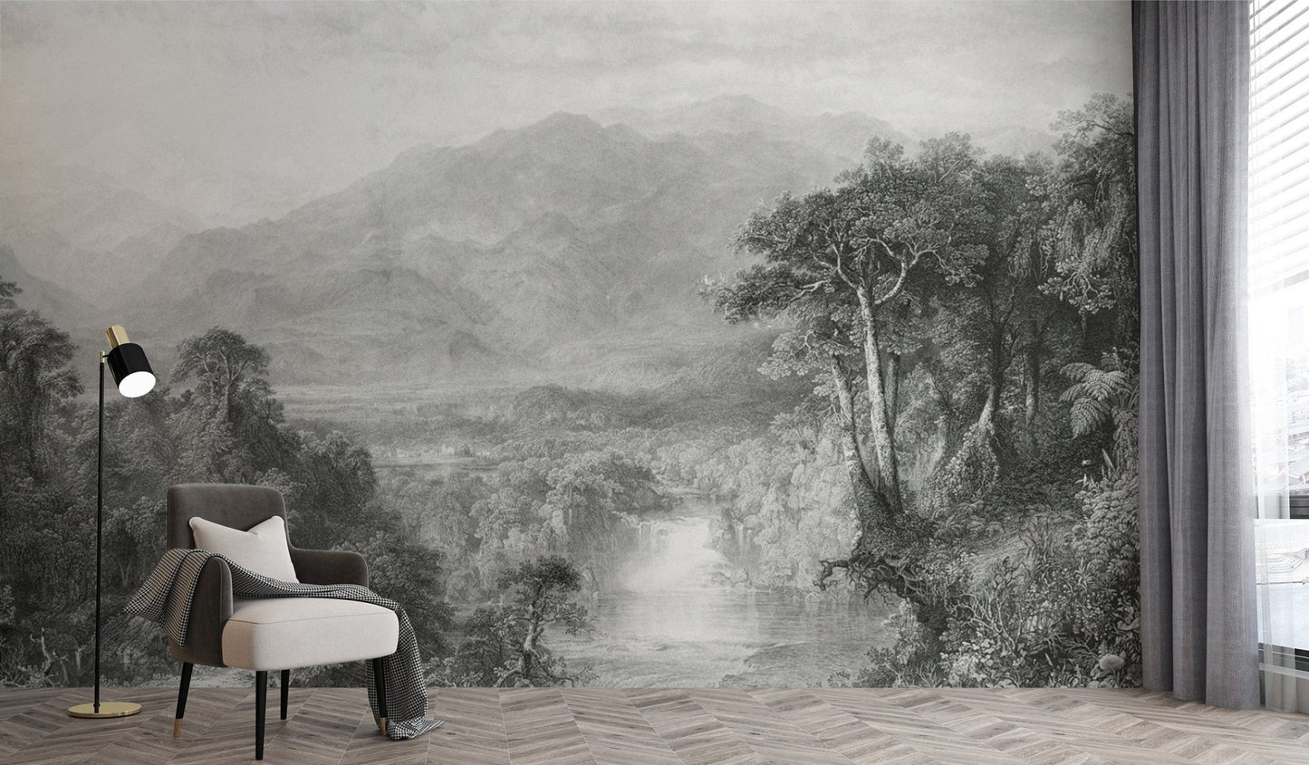 Engraved nature wallpaper with mountains
