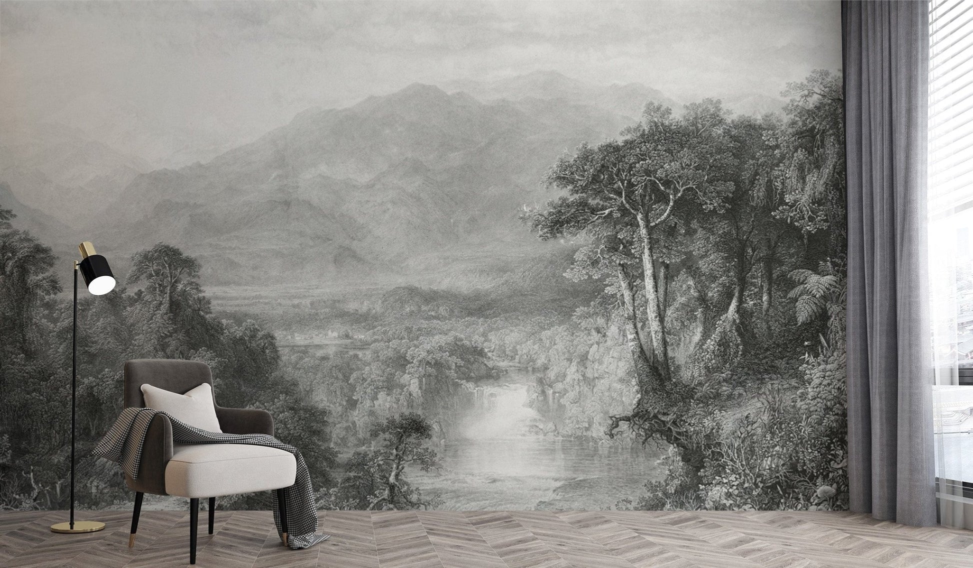 Engraved nature wallpaper with mountains
