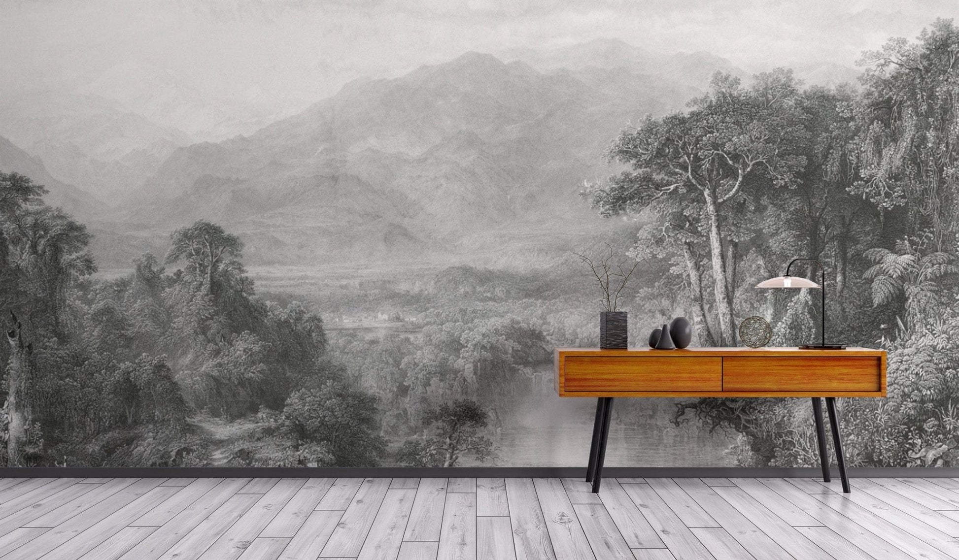 Vintage-style forest and hills mural
