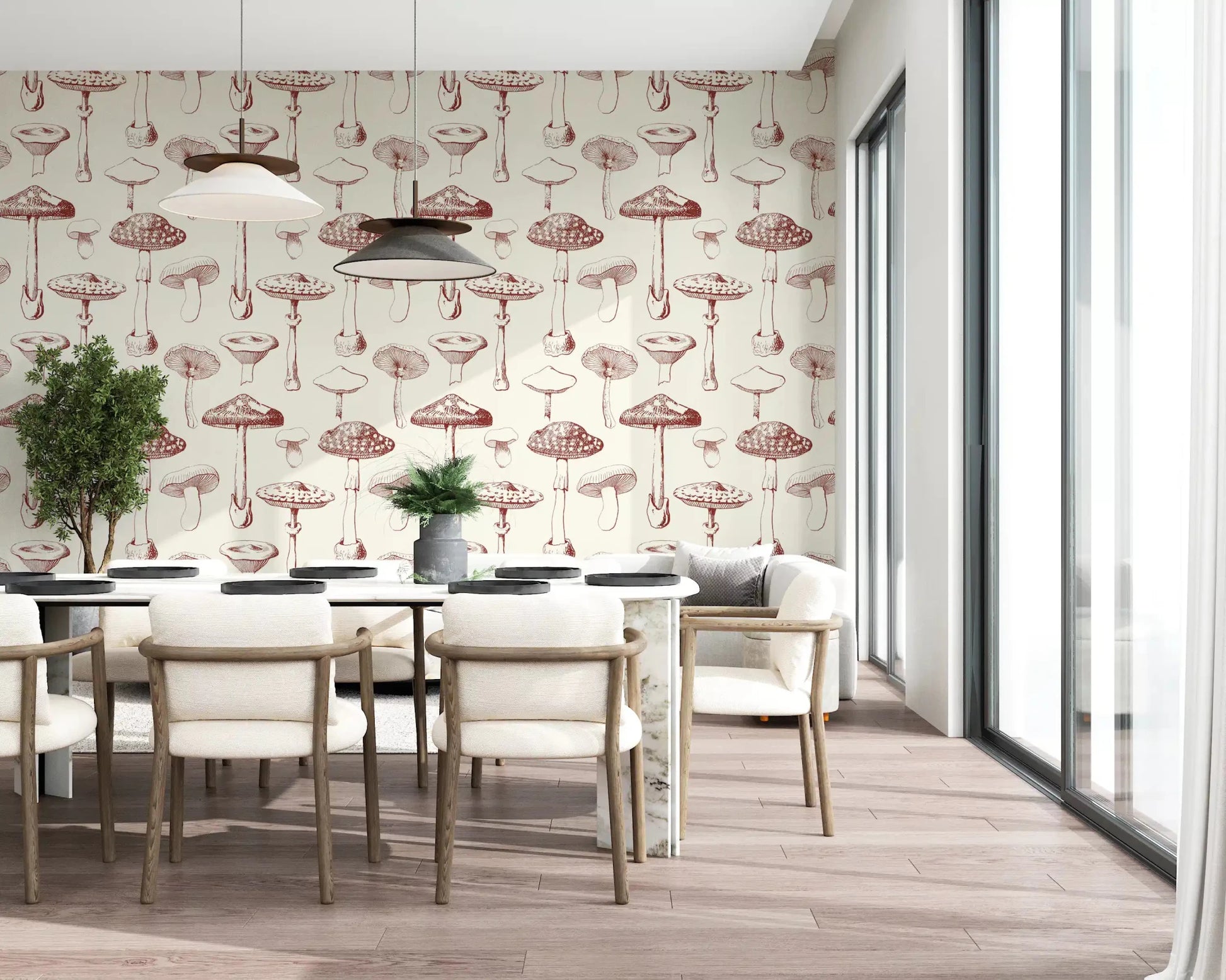 Cream Mushroom Grove wallpaper with classic illustrated repeat