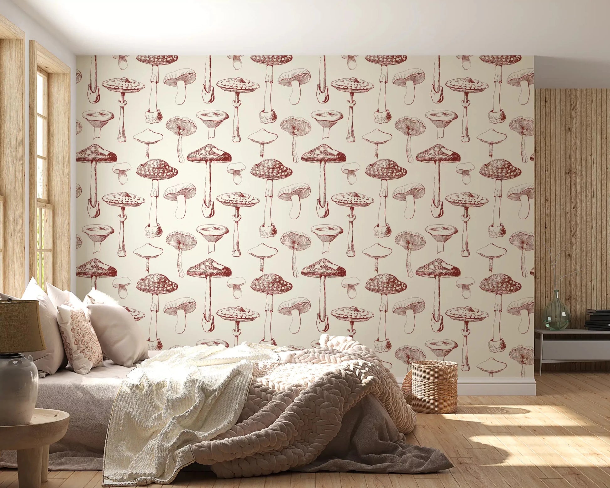 Sepia Mushroom wallpaper with Vintage Grove botanical pattern