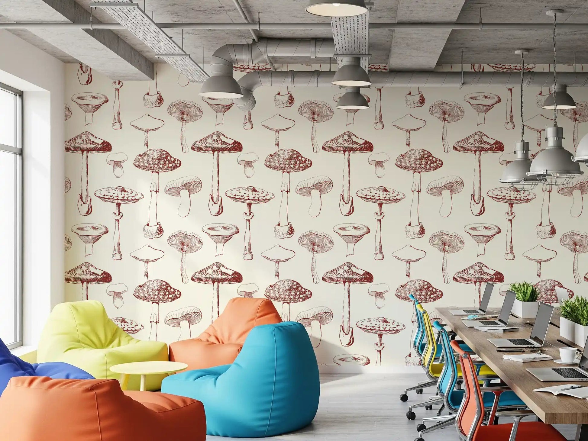 Office space finished in Vintage Grove wallpaper with mushroom repeat