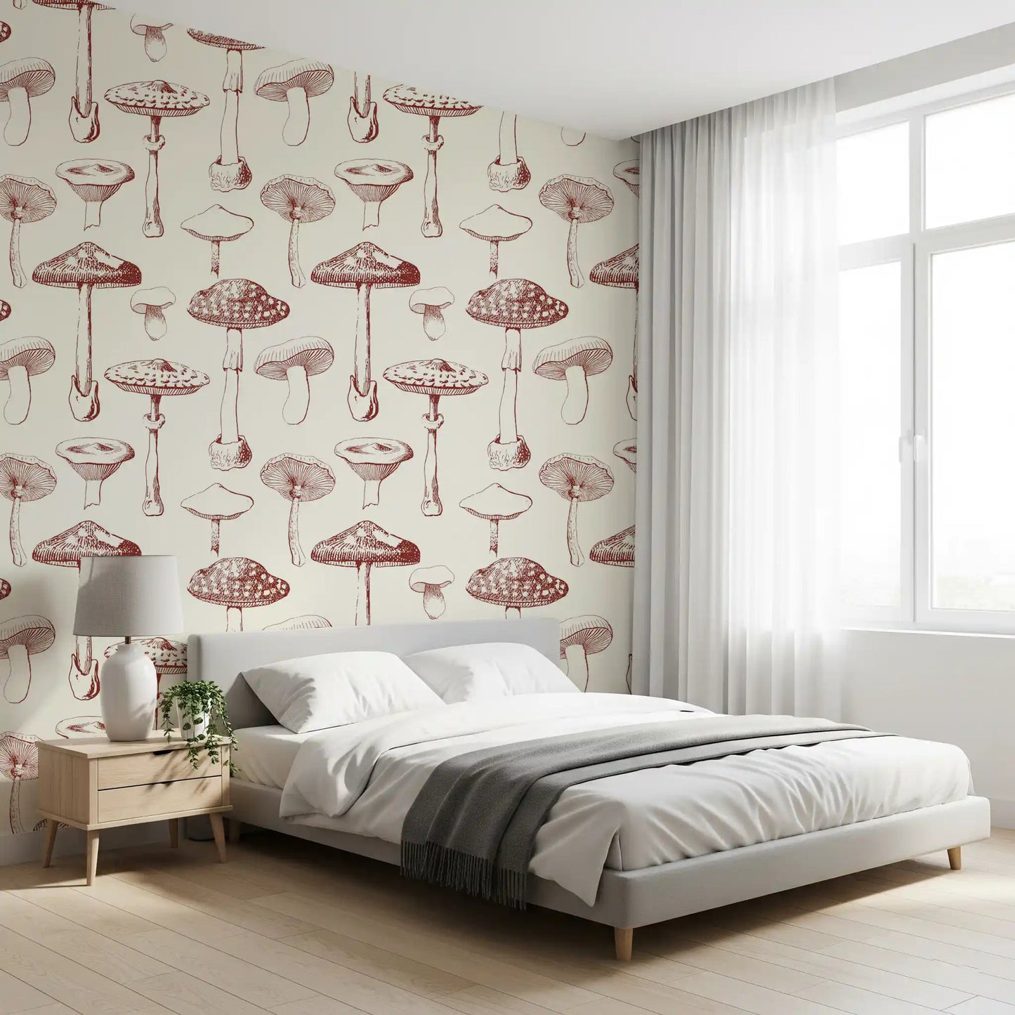 Bedroom styled with Vintage Mushroom wallpaper in soft woodland tones