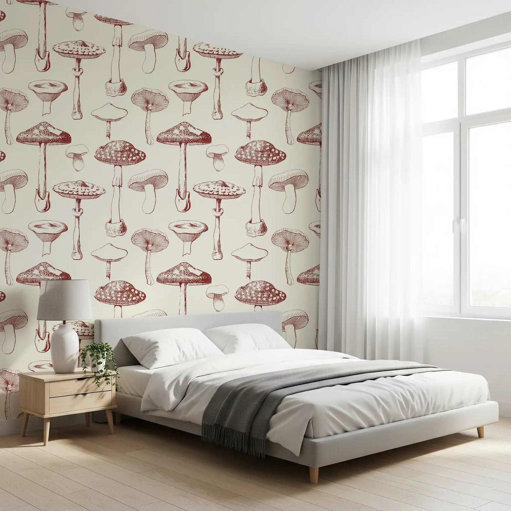 Bedroom styled with Vintage Mushroom wallpaper in soft woodland tones