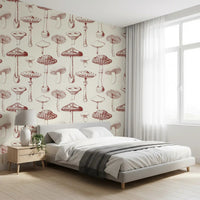 Bedroom styled with Vintage Mushroom wallpaper in soft woodland tones